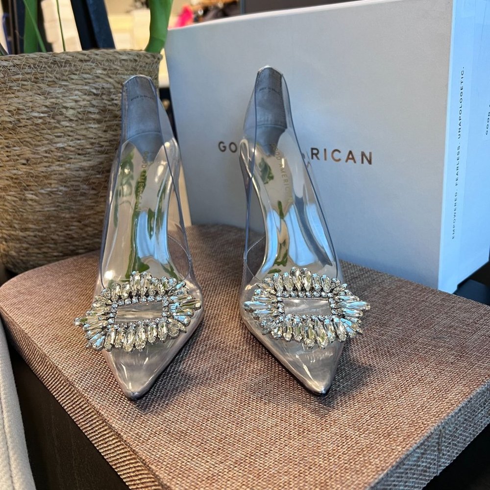 Good American CINDER-F*CKING-RELLA Glass Silver PUMP SIZE 10
